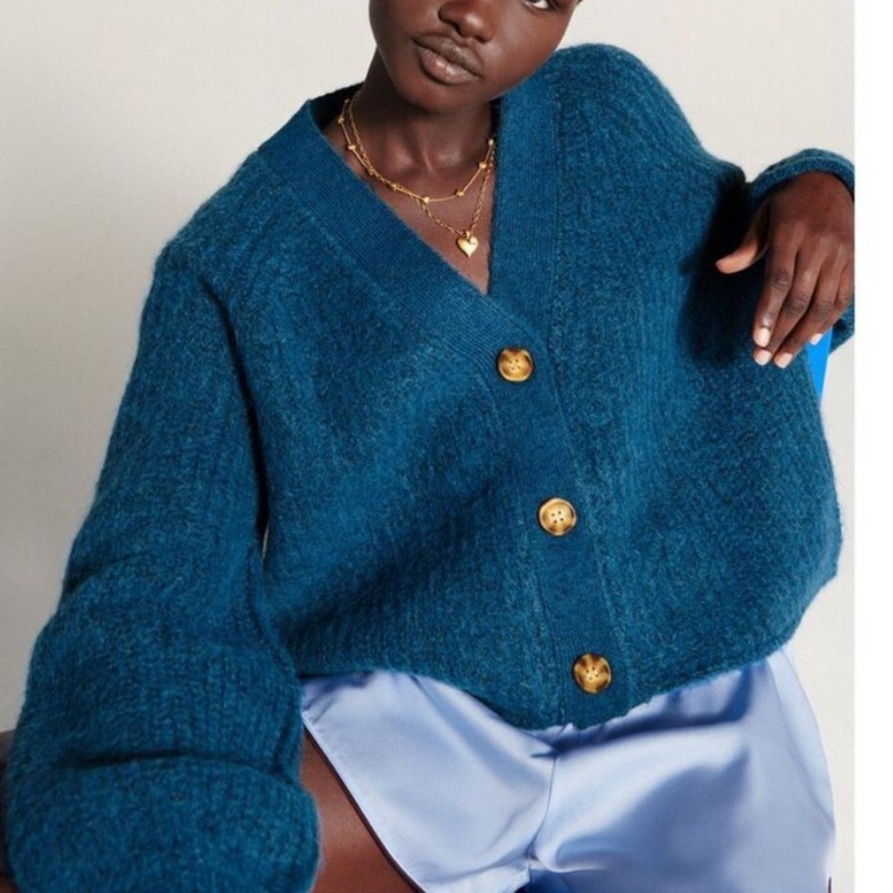 Zara Teal Blue Chunky V-Neck Cardigan with Wood Buttons